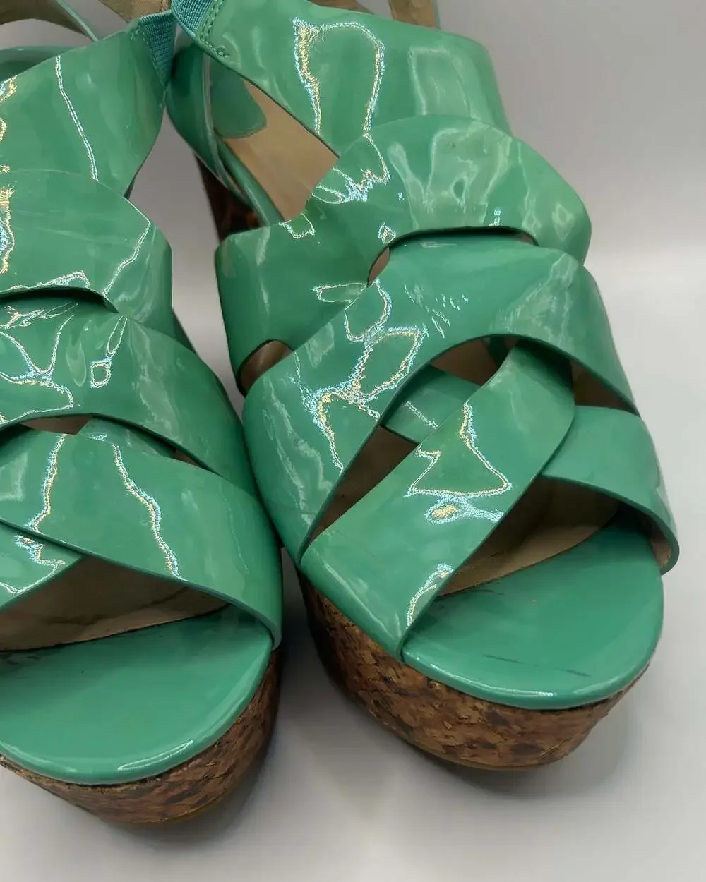 Joan & David Daisleen Mint Green Patent Leather Cork Wedge Sandals